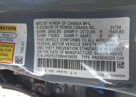 2024 Honda Civic Sport из США, поврежденный, VIN 2HGFE2F56RH539839